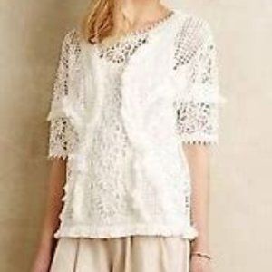Yoana Baraschi Crochet Lace Fringe Cotton Short Sleeve Top SZ M